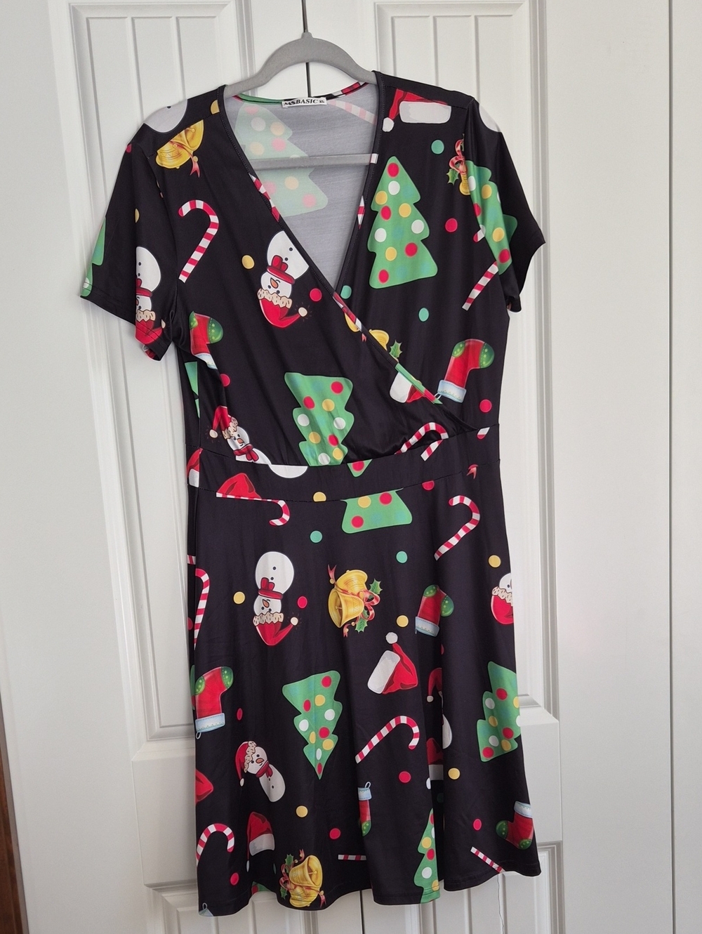 Festive Black Christmas Holiday Print Wrap Dress for Women